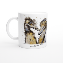Load image into Gallery viewer, Del and Rodney, our Emus : she loves me, she loves me more. Caroline&#39;s art White 11oz Ceramic Mug
