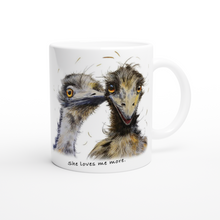 Load image into Gallery viewer, Del and Rodney, our Emus : she loves me, she loves me more. Caroline&#39;s art White 11oz Ceramic Mug
